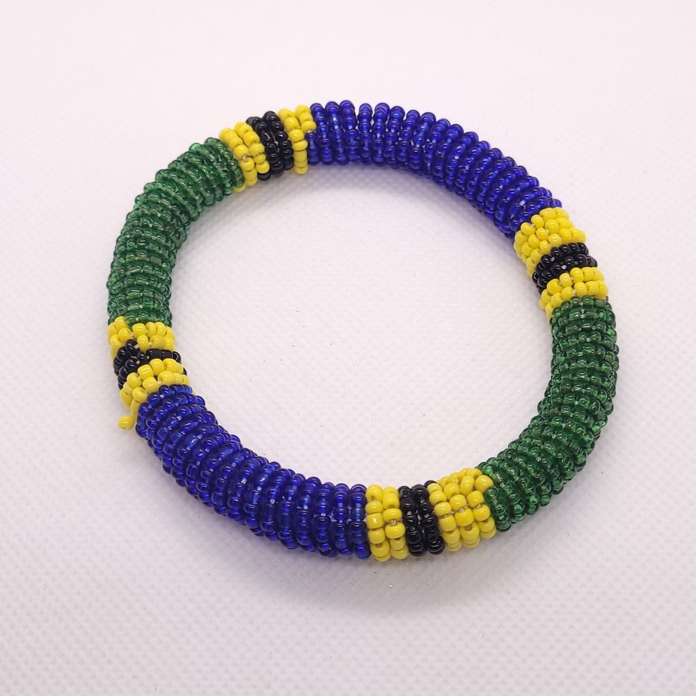 Seed Bead  Bracelet Blue Green Yellow Black 7.5" Tribal Statement